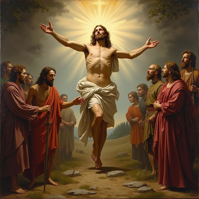 A painting of the Resurrection of Christ in the style of Leonardo da Vinci