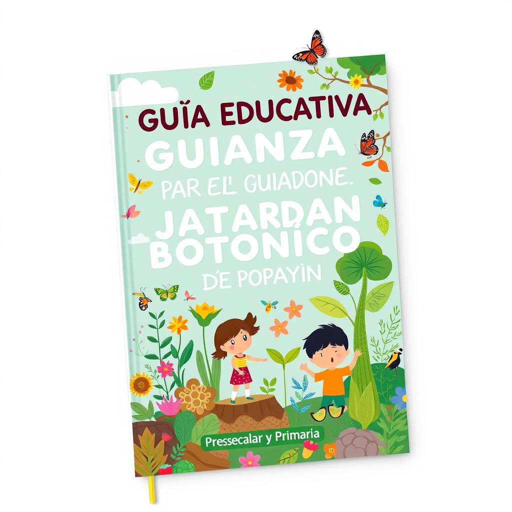 A vibrant and engaging cover design for an educational guide aimed at children, focusing on environmental education at the Popayán Botanical Garden