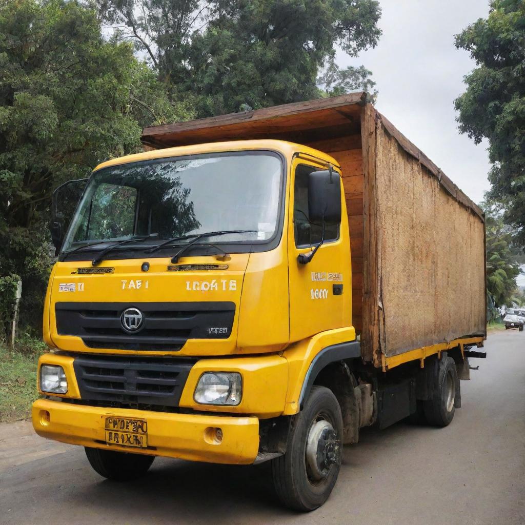 A Tata 1210 lorry painted in vibrant yellow, with a wooden body, parked in the picturesque town of Welimada. The name 'YAPA' is stylishly inscribed on the side of the lorry.