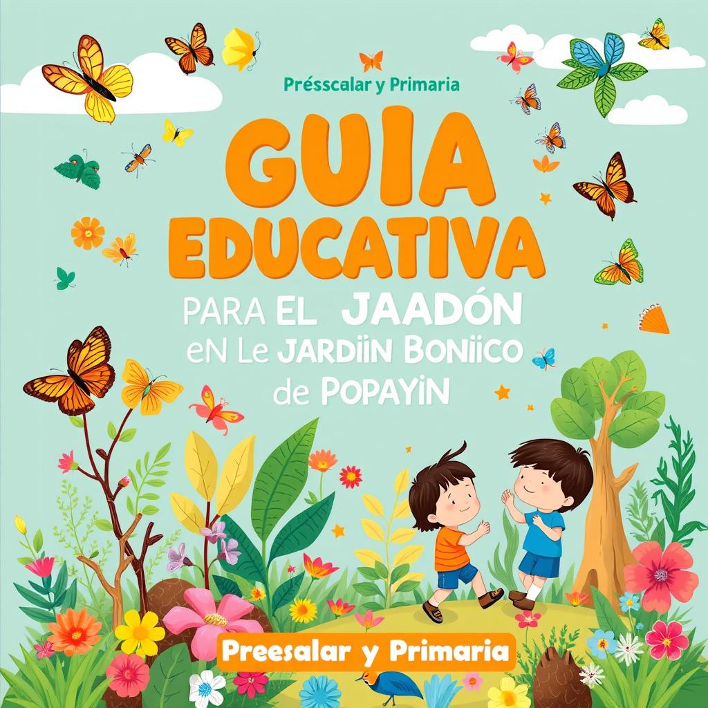 A vibrant and engaging cover design for an educational guide aimed at children, focusing on environmental education at the Popayán Botanical Garden