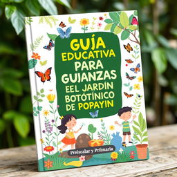 A vibrant and engaging cover design for an educational guide aimed at children, focusing on environmental education at the Popayán Botanical Garden