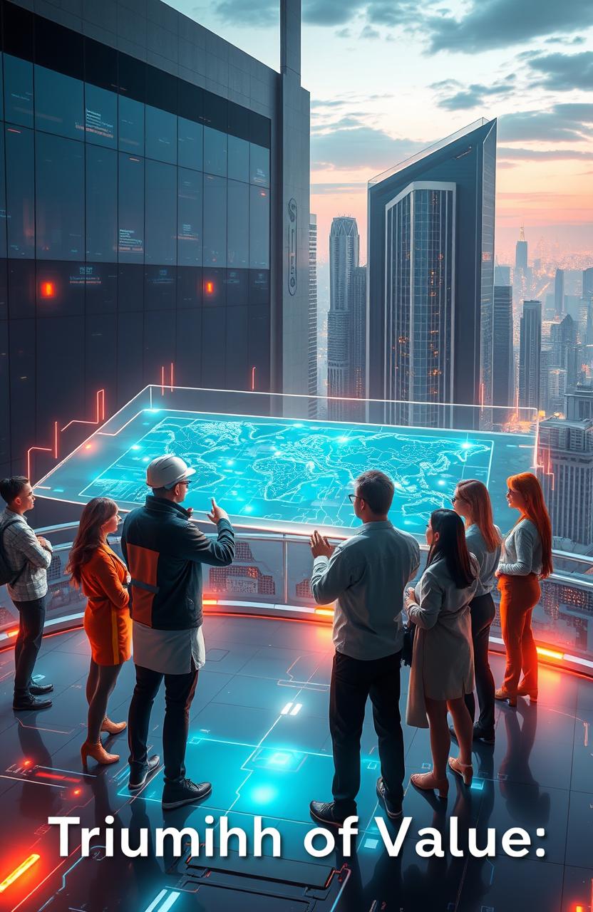 A futuristic scene depicting a united group of visionary architects gathered around a sleek holographic blueprint, symbolizing the 'Sovereign Digital Alliance'