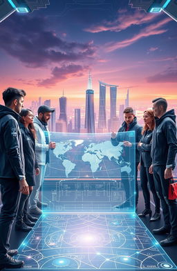 A futuristic scene depicting a united group of visionary architects gathered around a sleek holographic blueprint, symbolizing the 'Sovereign Digital Alliance'