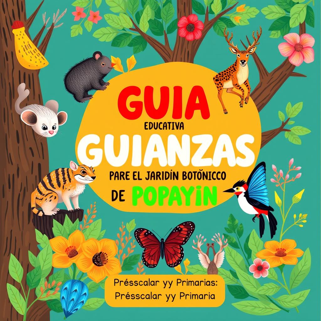 A vibrant and engaging cover design for an educational guide aimed at children, focusing on environmental education at the Popayán Botanical Garden