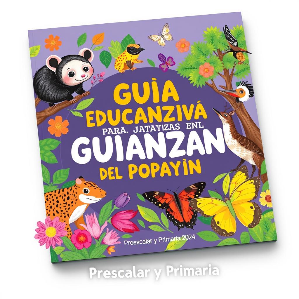 A vibrant and engaging cover design for an educational guide aimed at children, focusing on environmental education at the Popayán Botanical Garden