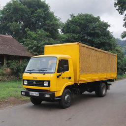 A Tata 1210 lorry painted in vibrant yellow, with a wooden body, parked in the picturesque town of Welimada. The name 'YAPA' is stylishly inscribed on the side of the lorry.