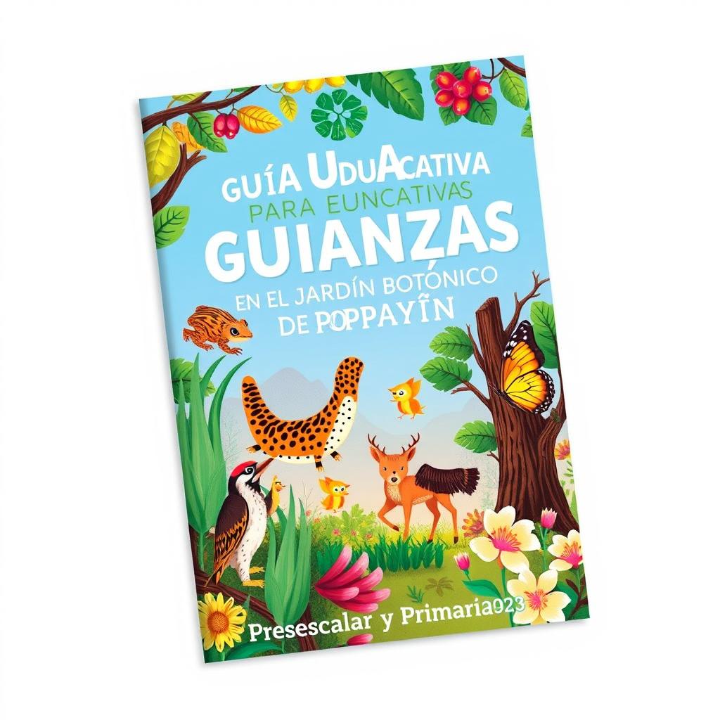 A vibrant and engaging cover design for an educational guide aimed at children, focusing on environmental education at the Popayán Botanical Garden