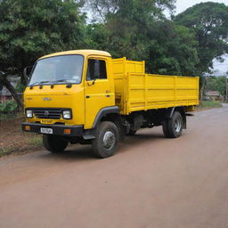 A Tata 1210 lorry painted in vibrant yellow, with a wooden body, parked in the picturesque town of Welimada. The name 'YAPA' is stylishly inscribed on the side of the lorry.