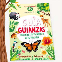 A vibrant and engaging cover design for an educational guide aimed at children, focusing on environmental education at the Popayán Botanical Garden