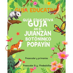 A vibrant and engaging cover design for an educational guide aimed at children, focusing on environmental education at the Popayán Botanical Garden