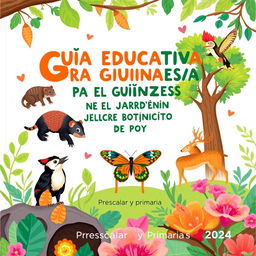 A vibrant and engaging cover design for an educational guide aimed at children, focusing on environmental education at the Popayán Botanical Garden