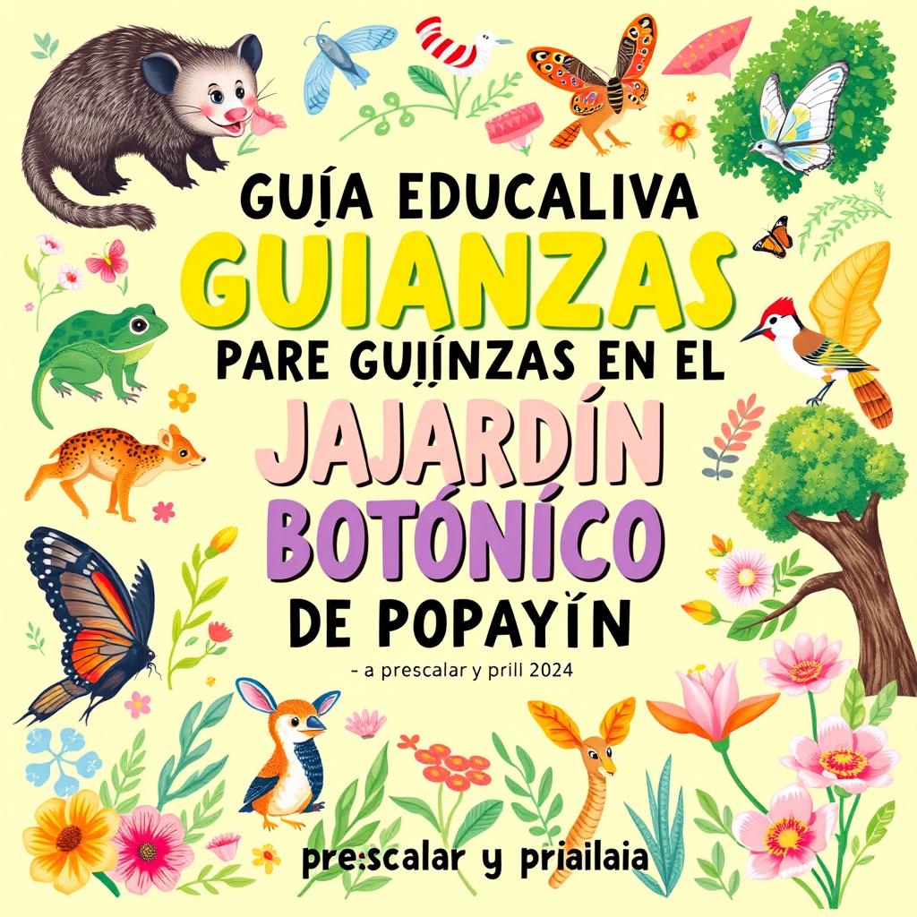 A vibrant, engaging cover for an educational guidebook titled "GUÍA EDUCATIVA PARA GUIANZAS EN EL JARDÍN BOTÁNICO DE POPAYÁN - preescolar y primaria 2024