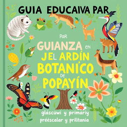 A vibrant, engaging cover for an educational guidebook titled "GUÍA EDUCATIVA PARA GUIANZAS EN EL JARDÍN BOTÁNICO DE POPAYÁN - preescolar y primaria 2024