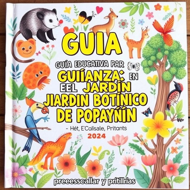 A vibrant, engaging cover for an educational guidebook titled "GUÍA EDUCATIVA PARA GUIANZAS EN EL JARDÍN BOTÁNICO DE POPAYÁN - preescolar y primaria 2024