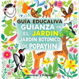 A vibrant, engaging cover for an educational guidebook titled "GUÍA EDUCATIVA PARA GUIANZAS EN EL JARDÍN BOTÁNICO DE POPAYÁN - preescolar y primaria 2024