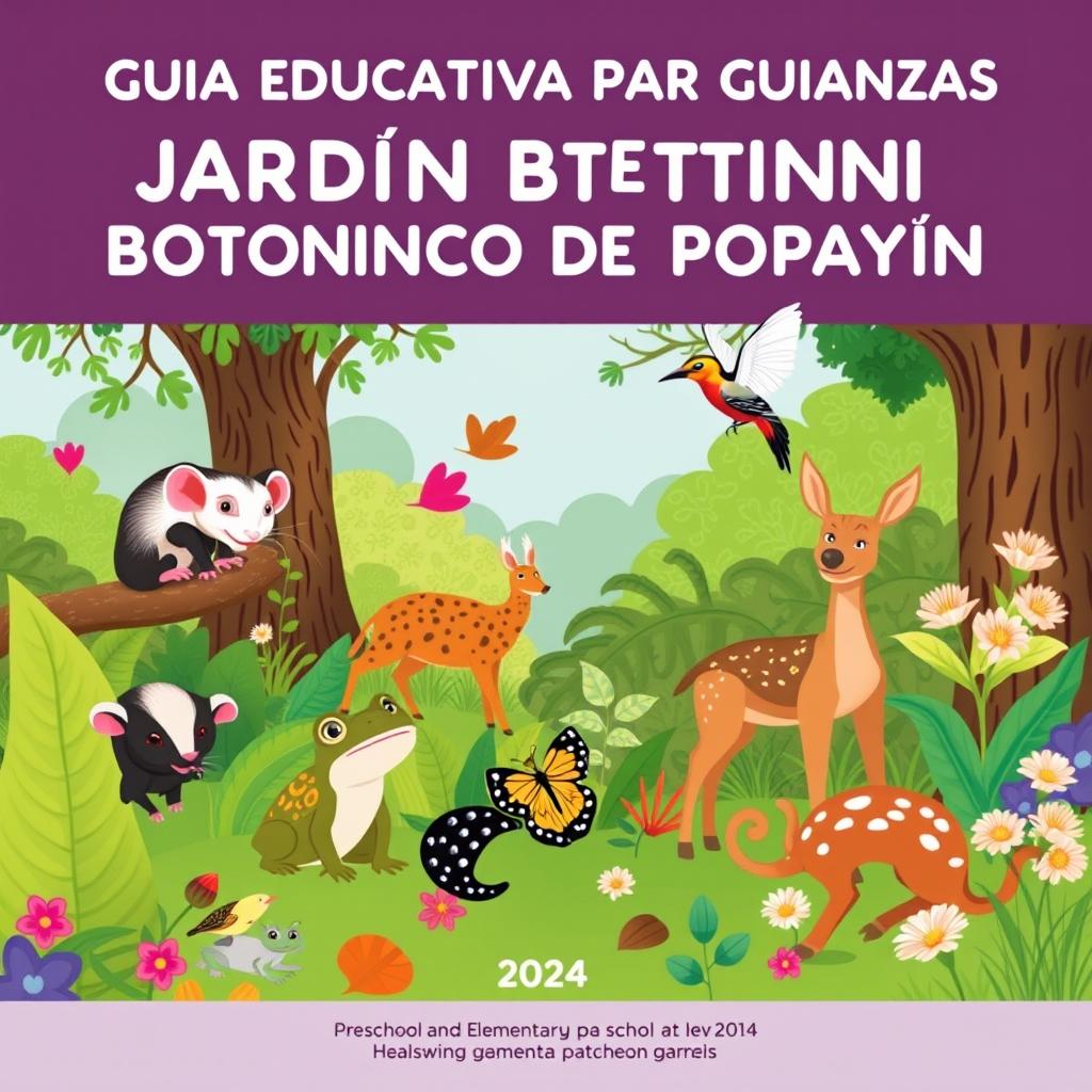 Cover art for an educational booklet for children titled "GUÍA EDUCATIVA PARA GUIANZAS EN EL JARDÍN BOTÁNICO DE POPAYÁN" focusing on preschool and elementary school levels for the year 2024