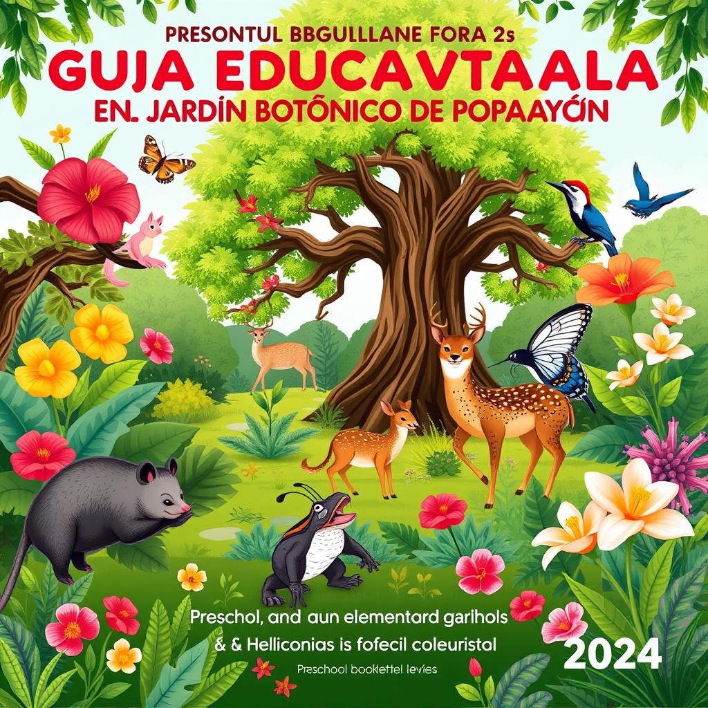 Cover art for an educational booklet for children titled "GUÍA EDUCATIVA PARA GUIANZAS EN EL JARDÍN BOTÁNICO DE POPAYÁN" focusing on preschool and elementary school levels for the year 2024