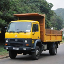 A Tata 1210 lorry painted in vibrant yellow, with a wooden body, parked in the picturesque town of Welimada. The name 'YAPA' is stylishly inscribed on the side of the lorry.