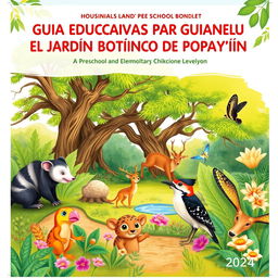 Cover art for an educational booklet for children titled "GUÍA EDUCATIVA PARA GUIANZAS EN EL JARDÍN BOTÁNICO DE POPAYÁN" focusing on preschool and elementary school levels for the year 2024