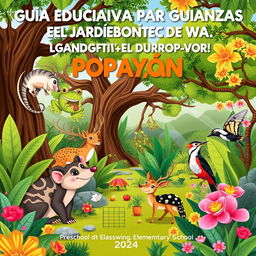 Cover art for an educational booklet for children titled "GUÍA EDUCATIVA PARA GUIANZAS EN EL JARDÍN BOTÁNICO DE POPAYÁN" focusing on preschool and elementary school levels for the year 2024