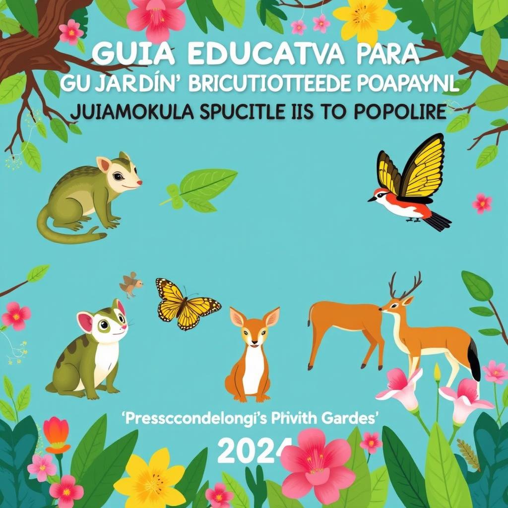 Cover for a children's environmental education booklet titled 'GUÍA EDUCATIVA PARA GUIANZAS EN EL JARDÍN BOTÁNICO DE POPAYÁN' aimed at preschool and primary students for 2024