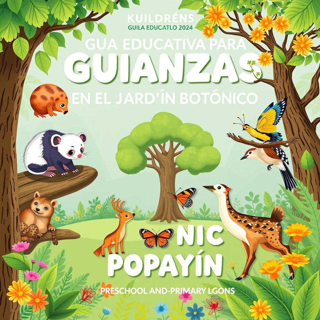 Cover for a children's environmental education booklet titled 'GUÍA EDUCATIVA PARA GUIANZAS EN EL JARDÍN BOTÁNICO DE POPAYÁN' aimed at preschool and primary students for 2024