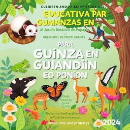 Cover for a children's environmental education booklet titled 'GUÍA EDUCATIVA PARA GUIANZAS EN EL JARDÍN BOTÁNICO DE POPAYÁN' aimed at preschool and primary students for 2024