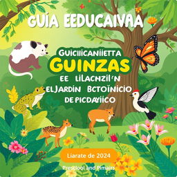 Cover for a children's environmental education booklet titled 'GUÍA EDUCATIVA PARA GUIANZAS EN EL JARDÍN BOTÁNICO DE POPAYÁN' aimed at preschool and primary students for 2024