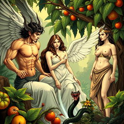 A compelling illustration of a mythological scene featuring Lucifer, Eva, and Lilith