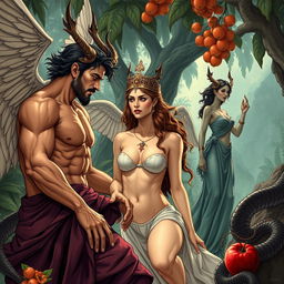 A compelling illustration of a mythological scene featuring Lucifer, Eva, and Lilith