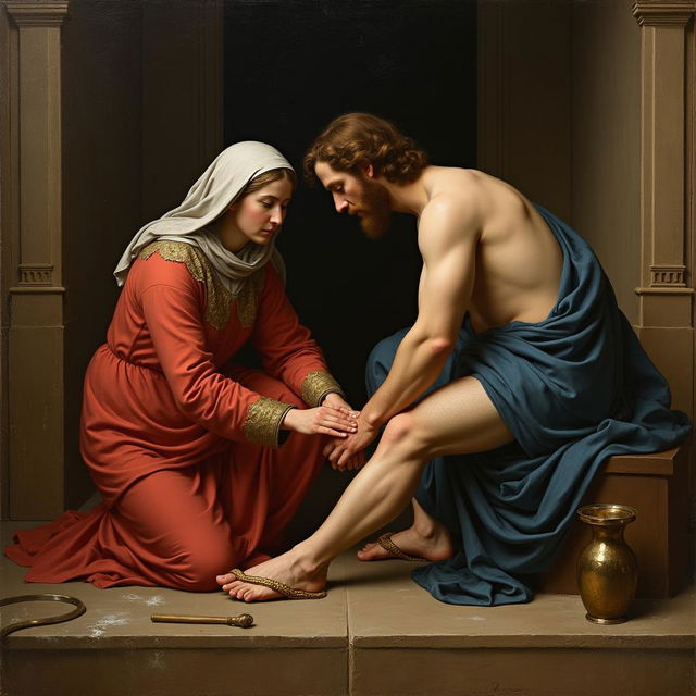 A painting depicting Mary Magdalene washing the feet of Christ, crafted in the style of Leonardo da Vinci