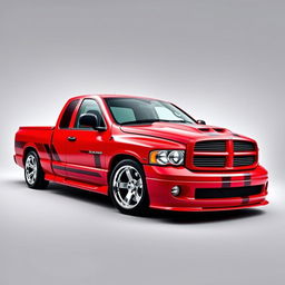 A 2004 Dodge Ram 1500 in a vibrant red color with two darker red racing stripes