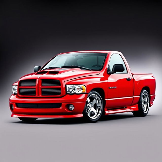 A 2004 Dodge Ram 1500 in a vibrant red color with two darker red racing stripes