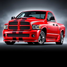 A 2004 Dodge Ram 1500 in a vibrant red color with two darker red racing stripes