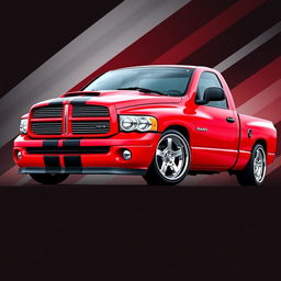 A 2004 Dodge Ram 1500 in a vibrant red color with two darker red racing stripes