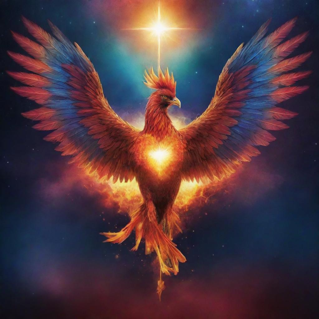 Create a dramatic and inspirational poster depicting the concept of a 'Living Sacrifice'. Include symbolic elements like a phoenix, a cross, and a heart, radiating in brilliant colors against a mystic, star-filled sky.