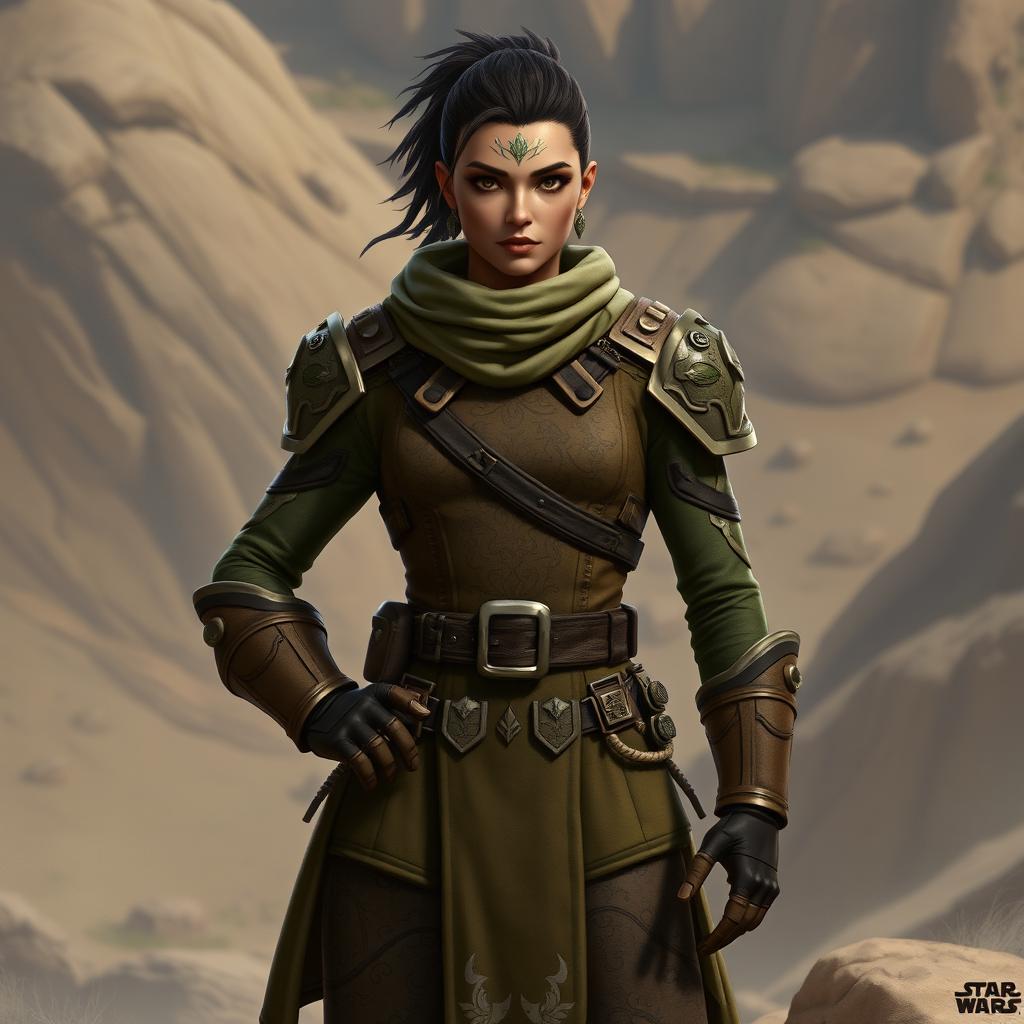 An Earth Genasi fighter in a distinct sergeant uniform, prominently displaying a blend of brown and green colors