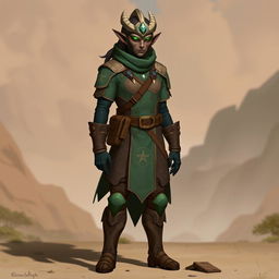 An Earth Genasi fighter in a distinct sergeant uniform, prominently displaying a blend of brown and green colors