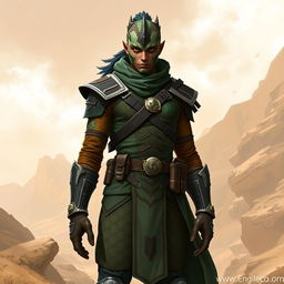 An Earth Genasi fighter in a distinct sergeant uniform, prominently displaying a blend of brown and green colors