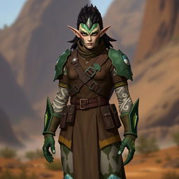 An Earth Genasi fighter in a distinct sergeant uniform, prominently displaying a blend of brown and green colors