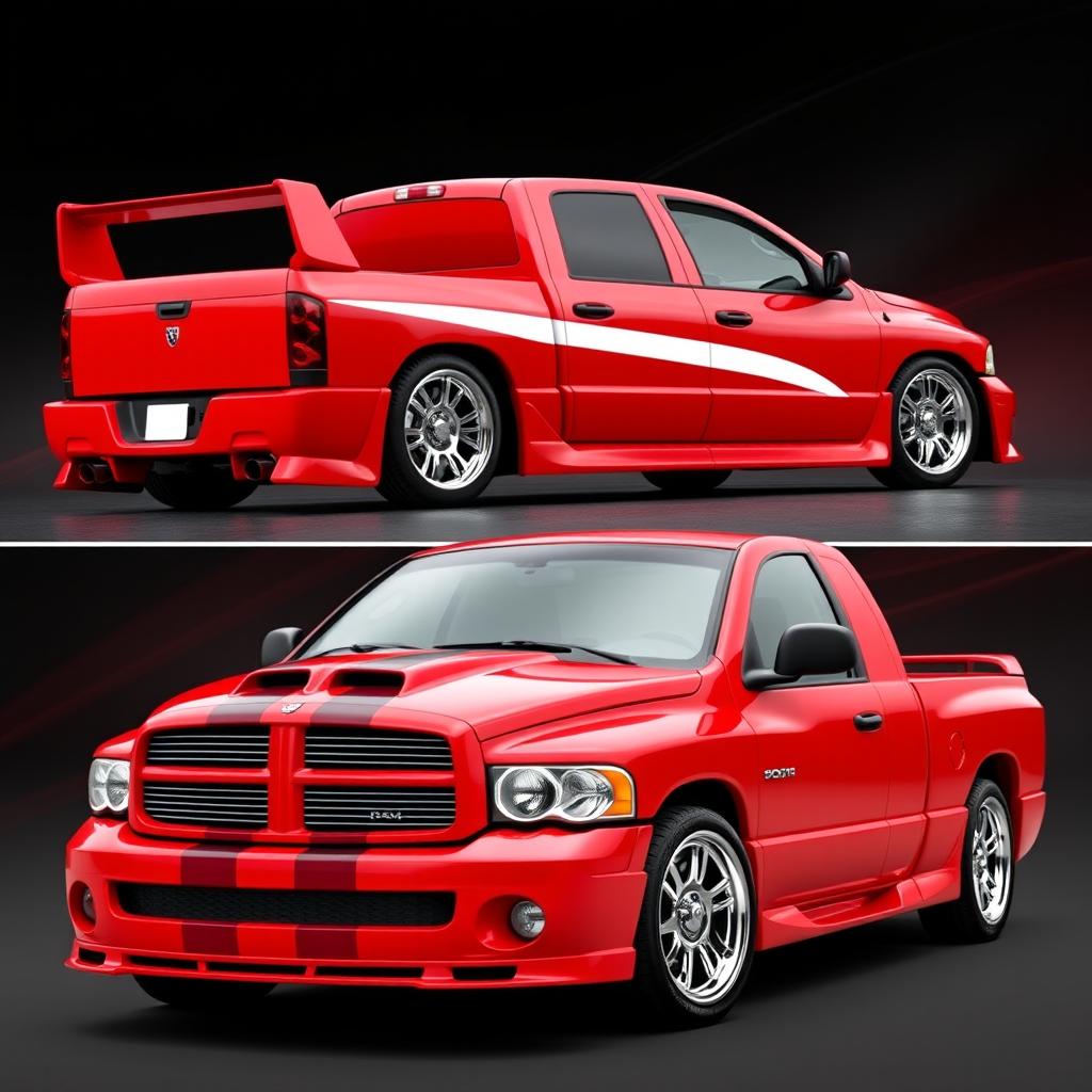 A 2004 Dodge Ram 1500 in a vibrant red color with two white racing stripes and a stylish spoiler on the rear