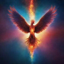 Create a dramatic and inspirational poster depicting the concept of a 'Living Sacrifice'. Include symbolic elements like a phoenix, a cross, and a heart, radiating in brilliant colors against a mystic, star-filled sky.