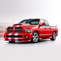 A 2004 Dodge Ram 1500 in a vibrant red color with two white racing stripes and a stylish spoiler on the rear