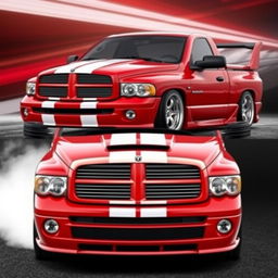 A 2004 Dodge Ram 1500 in a vibrant red color with two white racing stripes and a stylish spoiler on the rear