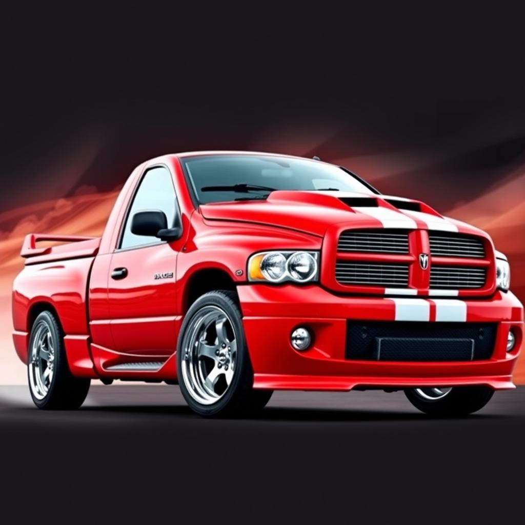 A 2004 Dodge Ram 1500 in a vibrant red color with two white racing stripes and a stylish spoiler on the rear