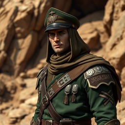 A male Earth Genasi fighter wearing a sergeant uniform in a distinguished combination of brown and green colors, complemented by a war cap