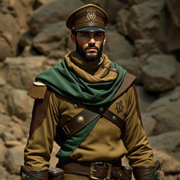 A male Earth Genasi fighter wearing a sergeant uniform in a distinguished combination of brown and green colors, complemented by a war cap