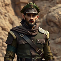 A male Earth Genasi fighter wearing a sergeant uniform in a distinguished combination of brown and green colors, complemented by a war cap