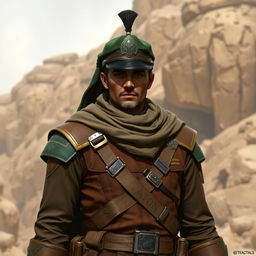 A male Earth Genasi fighter wearing a sergeant uniform in a distinguished combination of brown and green colors, complemented by a war cap