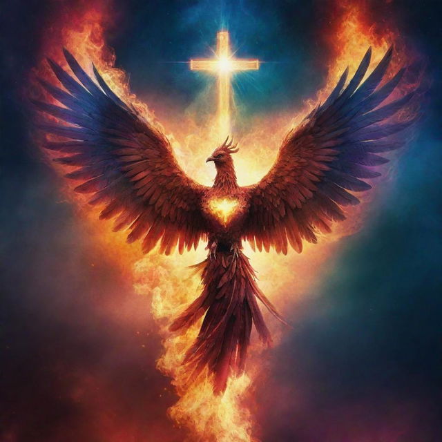 Create a dramatic and inspirational poster depicting the concept of a 'Living Sacrifice'. Include symbolic elements like a phoenix, a cross, and a heart, radiating in brilliant colors against a mystic, star-filled sky.